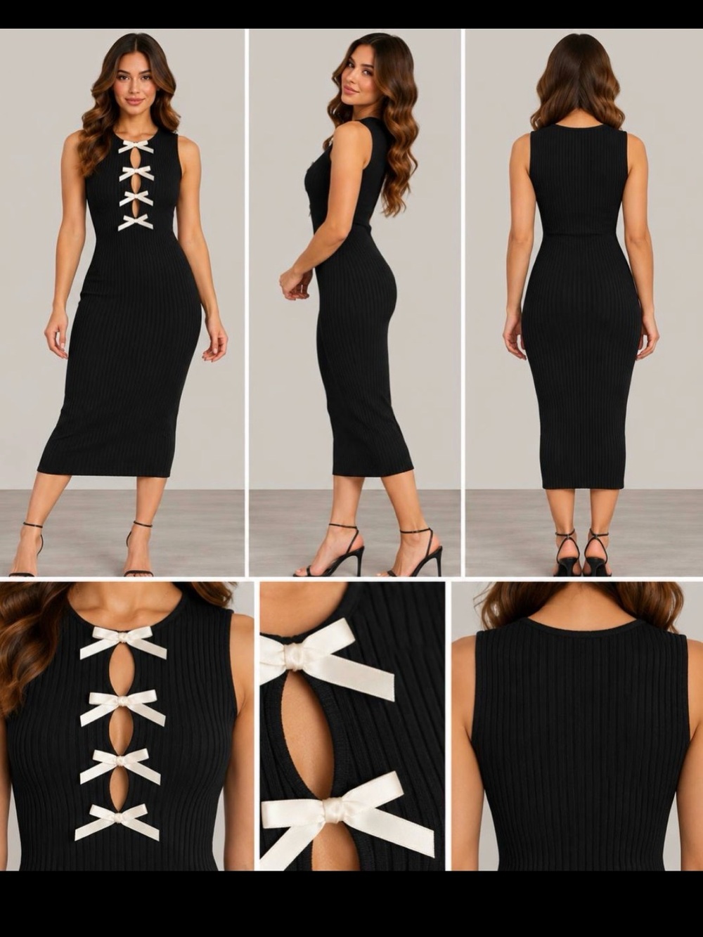 Black Ribbed Midi Dress with Ivory Bow Accents - Women size M